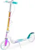 A white kick scooter with rainbow accents and teal handlebars is shown against a white background. Produktbild-Vorschau