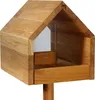 A wooden birdhouse on a pole, viewed from the front. Produktbild-Vorschau