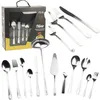 A collection of stainless steel cutlery, including spoons, forks, knives, and serving utensils, displayed against a white background. Some items are shown within their original packaging. Podgląd zdjęcia produktu