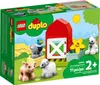 The image shows the packaging of a LEGO DUPLO farm animal care playset, featuring cartoonish illustrations of farm animals and a barn. Podgląd zdjęcia produktu