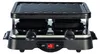 A black and silver electric raclette grill with a ribbed top surface and two small square pans underneath. Produktbild-Vorschau