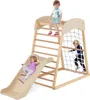 Three children playing on a wooden climbing frame with a slide and net. Produktbild-Vorschau