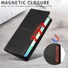 A black leather flip wallet phone case is shown open, revealing a smartphone inside. Red arrows indicate the magnetic closure feature. A small inset shows a close-up of the case's stitching and a logo. Produktbild-Vorschau