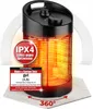A tower heater is shown on a textured surface with a circular arrow indicating 360-degree rotation. There are promotional overlays and text. Produktbild-Vorschau