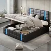 A modern bedroom with a black upholstered bed frame featuring LED lighting and open storage compartments. Náhľad obrázku produktu