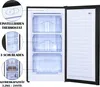 A product image showcasing a black upright freezer with its door open, revealing clear storage drawers. Inset circles highlight features like the thermostat, drawer count, and freezing capacity. Produktbild-Vorschau