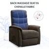 A brown chenille fabric massage chair with blue accents on the backrest, placed on a grid-like floor pattern. A line drawing of a plant is on the left, and a diagram illustrating back massage points is on the upper right. Anteprima dell’immagine prodotto