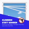 A white curtain rod installed in a window frame against a blue sky background, with marketing text and a graphic overlay. Produktbild-Vorschau