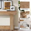 A close-up of a wooden console table with framed pictures on top, and inset images highlighting its features. Produktbild-Vorschau