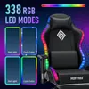 A black gaming chair with RGB LED lighting, featuring text and graphics explaining its features. Produktbild-Vorschau
