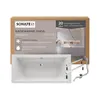 A product box for a bathtub, showing the bathtub itself and some of its features and specifications. Produktbild-Vorschau