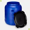 A blue plastic barrel with its black lid placed next to it, on a light gray background. Produktbild-Vorschau