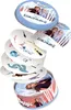 A stack of cards from a Disney Frozen II themed Dobble game, spilling out of its tin packaging. Produktbild-Vorschau