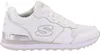 A white Skechers sneaker with silver accents is shown from the side against a white background. Voir les images du produit