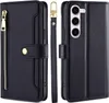 A black leather wallet-style phone case with a zipper and card slots, shown from multiple angles. Produktbild-Vorschau
