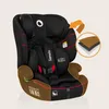 A black and brown child car seat with an orange arrow pointing to a magnified view of the fabric layers. Anteprima dell’immagine prodotto