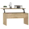 A wooden coffee table with its top lifted, revealing storage space. Decorative items like plants and an hourglass are on the table. Náhled obrázku produktu