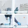 A collage of four images showing the application of tile adhesive. Produktbild-Vorschau