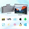 A portable monitor and its mounting bracket are shown, with dimensions and feature icons displayed. Produktbild-Vorschau
