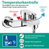 A diagram illustrating the temperature control features of a shower faucet, with text explaining its benefits. Produktbild-Vorschau
