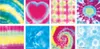 A collage of eight different tie-dye patterns, each labeled with its name. Produktbild-Vorschau