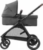 A side view of a dark grey baby stroller with a bassinet attachment. Produktbild-Vorschau