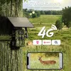 A solar-powered 4G trail camera mounted on a tree, with a smartphone displaying a live feed of a deer in the background. Produktbild-Vorschau