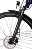 A close-up view of the front wheel and fork of a bicycle. Produktbild-Vorschau