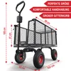 A black garden cart with red wheels, shown with dimensions and feature callouts. Produktbild-Vorschau