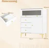 A white cabinet with drawers and a glass-fronted cabinet, shown with dimensions indicated by text and lines. Produktbild-Vorschau