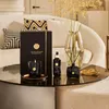 A Rituals gift set with a candle, diffuser, and spray displayed on a glass table in a living room setting. Produktbild-Vorschau