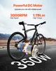 A black electric bicycle motor is shown in the foreground on a road, with text highlighting its features. Produktbild-Vorschau
