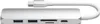 A silver USB-C hub with multiple ports and a white cable connected to a USB-C connector. Voir les images du produit