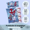 A flat lay of Spidey-themed bedding with accompanying feature icons and text. Produktbild-Vorschau