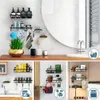 A collage of bathroom and kitchen organization setups featuring black metal shelves and various accessories. Náhled obrázku produktu