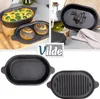 A collage of images showing cast iron cookware, including a baking dish with food and a grill pan. Produktbild-Vorschau