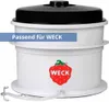 A white multi-tiered appliance with a black lid and a red strawberry logo. Produktbild-Vorschau