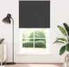 A dark grey roller blind is shown covering a window with a view of greenery outside. A floor lamp is to the left, and a large plant is to the right. Produktbild-Vorschau