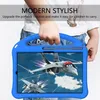 A child's hand holding a blue tablet case with a cartoon jet fighter image on the tablet screen. Produktbild-Vorschau
