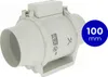 A white inline duct fan is shown against a white background. A blue circle overlay with text indicates the size. Náhled obrázku produktu