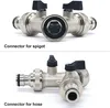 Two views of a Y-splitter valve connector for plumbing, with text labels. Produktbild-Vorschau