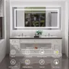 A modern bathroom vanity with a large illuminated mirror above it. Produktbild-Vorschau