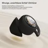 A close-up marketing image of a black wireless earbud, with text describing its features. Produktbild-Vorschau