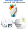 A collage of images showing a baby bottle, glasses, and dishes, with text about cleaning programs. Produktbild-Vorschau