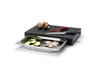 A black cutting board with a stainless steel tray underneath, containing sliced zucchini and mushrooms. There are also whole mushrooms, cherry tomatoes, and a chili pepper on the cutting board, along with a knife. Produktbild-Vorschau
