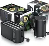 A black toaster and a black electric kettle are displayed with their packaging, which features images of avocados and toast. Produktbild-Vorschau