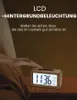 A hand is shown touching a wooden digital alarm clock on a nightstand, with text overlay describing its features. Produktbild-Vorschau