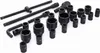 A set of black metal socket wrenches and accessories laid out on a white background. Produktbild-Vorschau