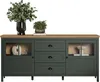A dark green sideboard with a wooden top, decorated with two potted plants and a vase. Podgląd zdjęcia produktu
