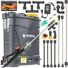 A collection of parts for a Powermat sprayer kit, including the main sprayer unit, battery, charger, and various nozzles and extension rods. Produktbild-Vorschau